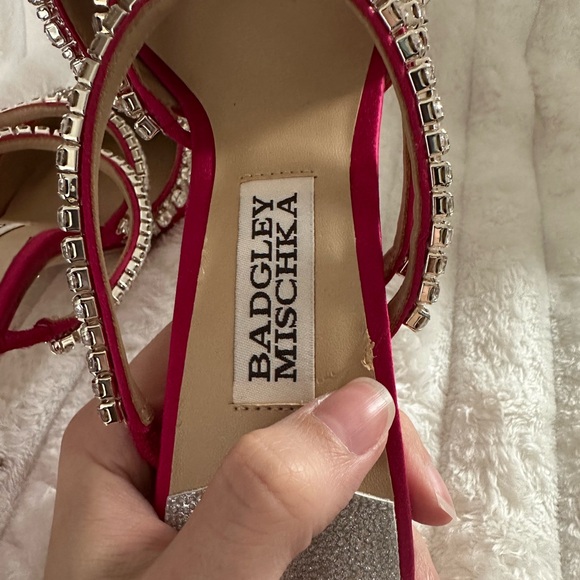 Badgley Mischka Fuchsia Satin Heels with Rhinestones - Picture 5 of 6